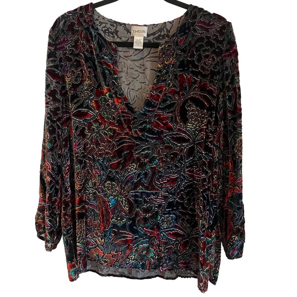Chicos Vintage Y2K Burnout Velvet Silk Blend Floral Blouse Multi-Color Size 1